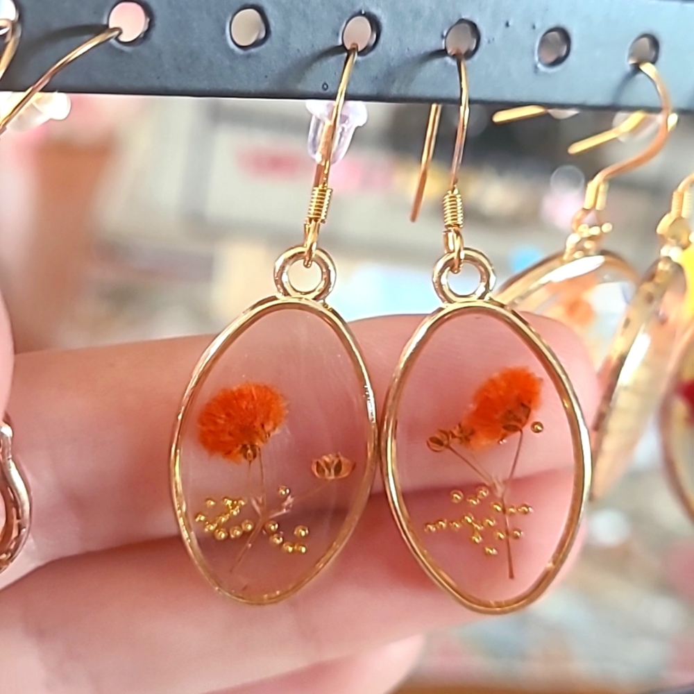 Orange pressed flower earrings